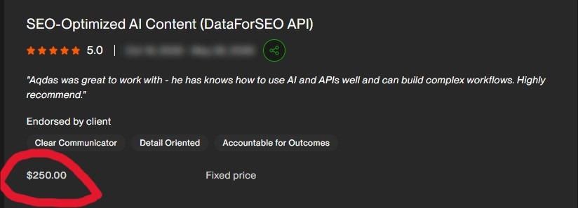 SEO AI Content Workflow ($250.00 · 5.0 Star Client Review)