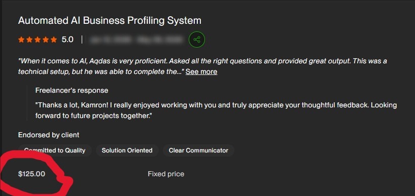 Automated AI Profiling ($125.00 · 5.0 Star Client Review)
